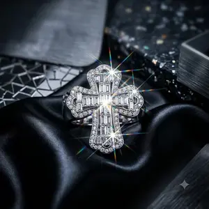 8058  Mens Full Paved Shiny Cross 925 Ring Miami Streetwear Religious Biker Hip Hop Finger Ring