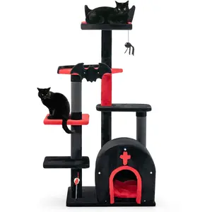 COSTWAY - Gothic Cat Tree 53 Inch Tall Cat Tower with Cat Bed and Arch-Shaped Condo-Black
