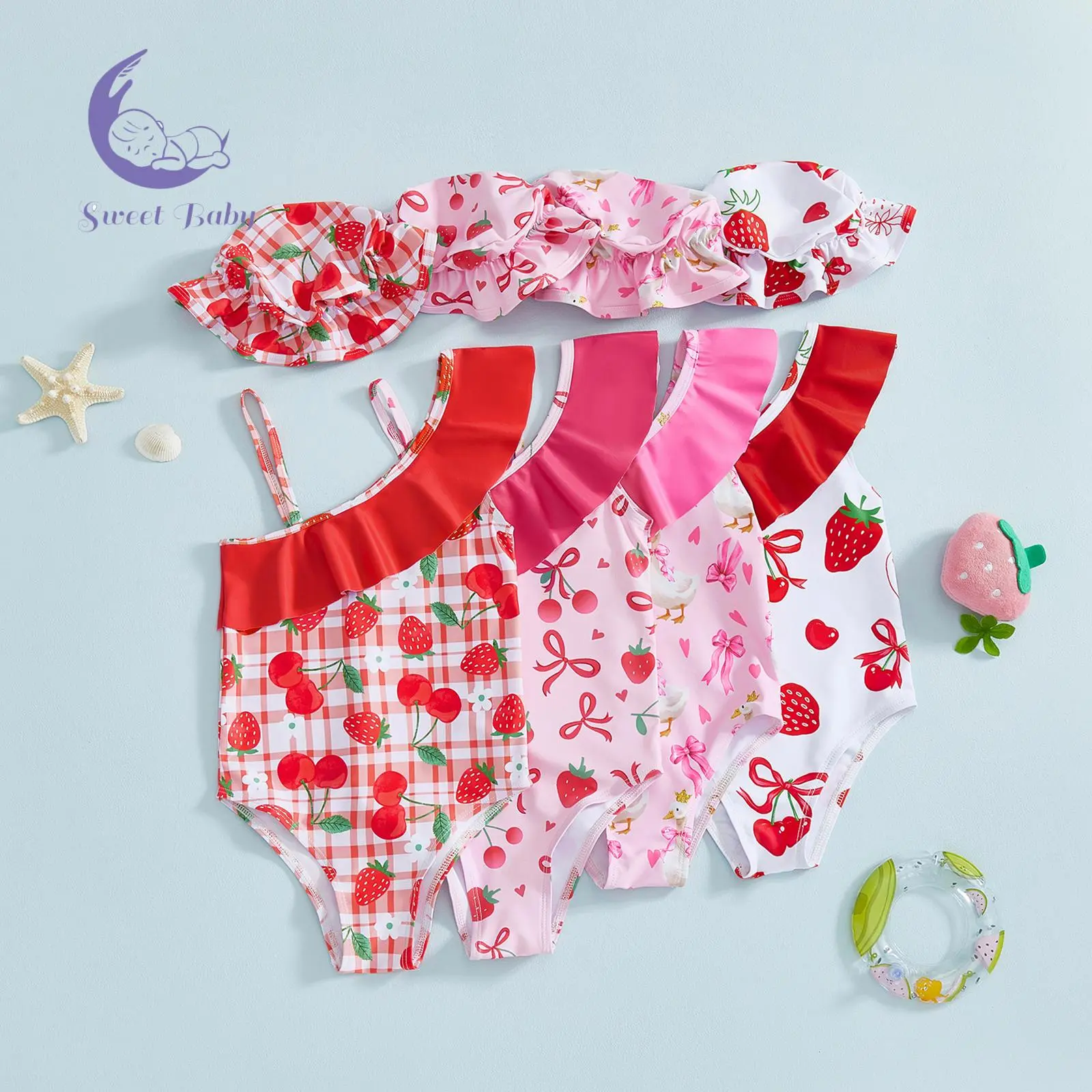 Baby Girls' 2-Piece Childrens Swimwear Set - Spaghetti Strap Sleeveless Printed Swimwear Bathing Suit with Hat, Cherry Bow, Strawberry Design, Ruffled Trim