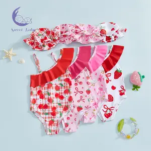Toddler Baby Girls Swimsuit with Hat 2 Pcs Set Cherry Bow Strawberry Print Ruffled Trim Spaghetti Strap Sleeveless Swimwear