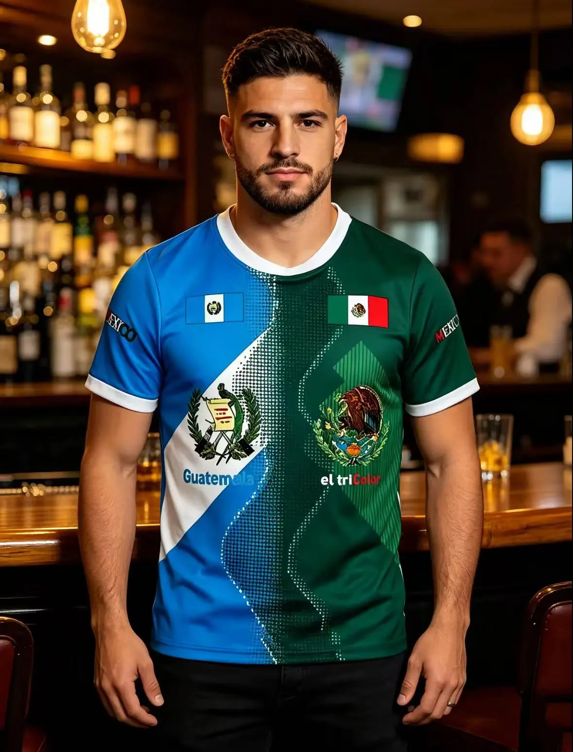 Men's Unisex Mexican-Honduras-Guatemala Flag Graphic T-Shirt, Short-Sleeve Round Neck Fitted All-Over Print Patriotic Cultural Casual Streetwear Top, Shortsleeve, Tshirt