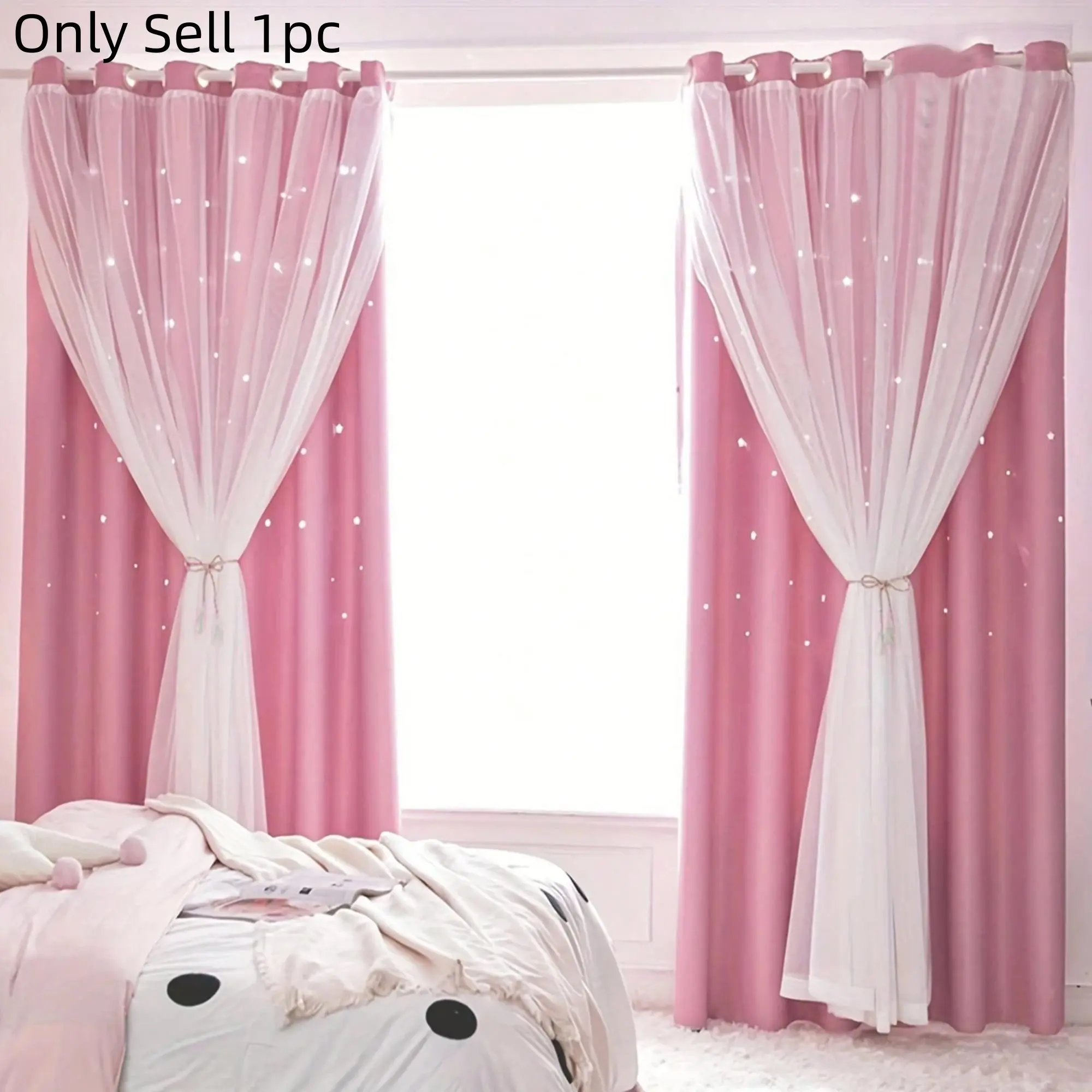 Princess Style Double Layer Blackout with Hollow Star Design, Sun Protection and Insulation for Kids' Room, Essential Home Decoration Window Curtain, Window Drapes, Blackout Curtains