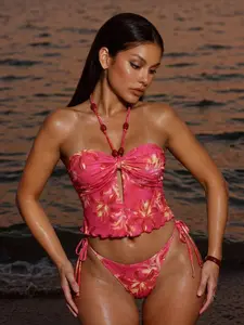 Women's High-End Fashion Tropical Halter Tie Split Design Slimming Sexy Beach Bikini Swimwear Set, Beachwear Swimsuit, Cute Fitted Floral Pattern, Floral Print Swimsuits, Halter Bikinis Set, Bikini Sets