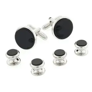 Genuine Onyx Radius Edge Tuxedo Cufflinks and Studs Silver