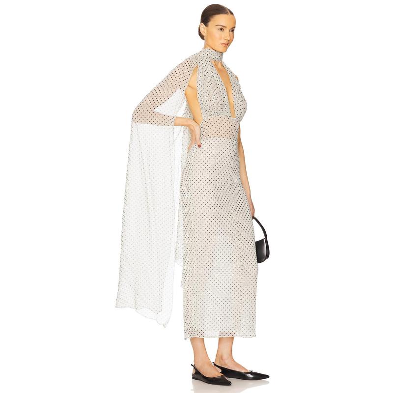 Helsa The Scarf Dress in Printed Silk Chiffon in Ivory & Black Dot