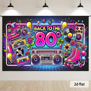 1 Piece Back to 80s Retro Collage Party Banner Vibrant Neon Polyester Background for Birthday Wedding Photo Booth Prop Home Decor Event Setup Nostalgic Theme Flat Lay Style 2D day