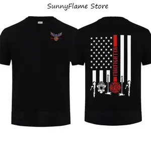 Thin Red Line Firefighter American Flag T-Shirt, Fire Dept Hero Apparel, Patriotic First Responder Rescue Clothing Dad Shirt Gift for Men Top, Gift Father's Day