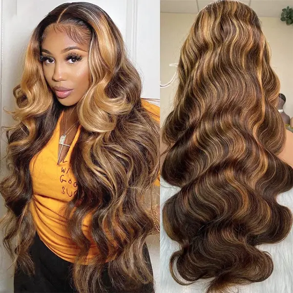 Women's Honey Blonde Highlight Body Wave Remy Human Hair Wig - 4x4 Glueless HD Lace Closure, Pre-Plucked Hairline, 16 In, Heat Resistant Wig, Glueless Lace Front, Glueless Wigs, Female
