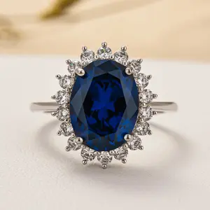 RODIFFY 4.0Ct Luxurious Oval Cut Blue Stone Engagement Ring in Sterling Silver for Women,5A Cubic Zirconia 925 Sterling Silver Wedding Ring