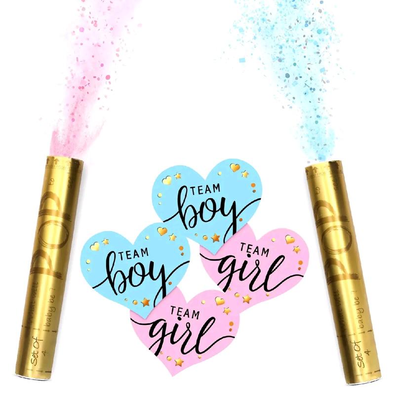 Gender Reveal Confetti Powder Cannons Set of 4 (2 Pink 2 Blue) 40pcs Team Boy Team Girl Voting Stickers