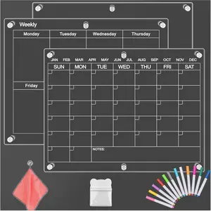 Magnetic Acrylic Calendar for Fridge - 16"X12" 3 Set Planner Board and Weekly Clear Calendar Includes 12 Markers 12 Colors