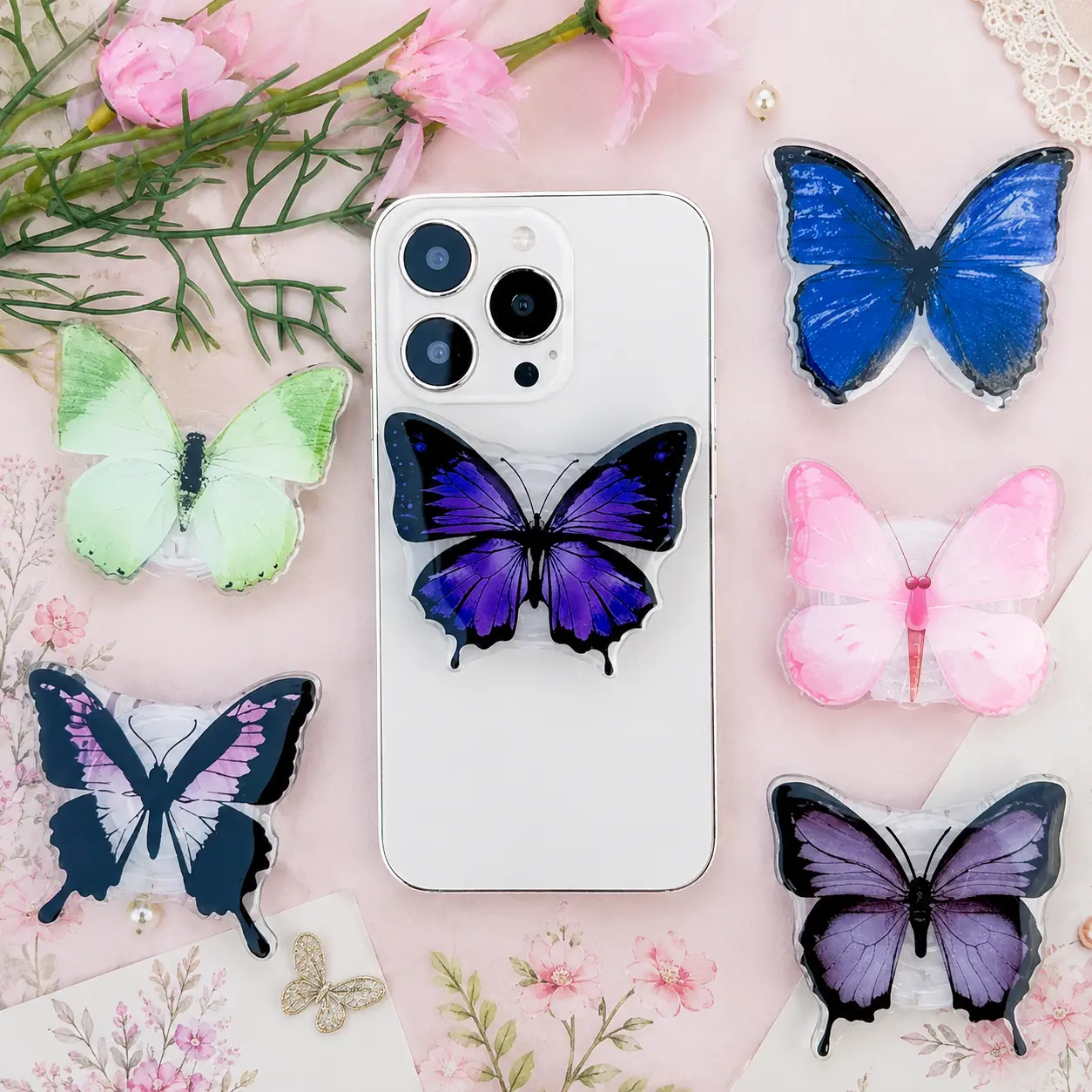 Aesthetic Butterfly Phone Grip Holder | Cute Colorful Butterfly Expandable Phone Stand | Trendy Insect Accessory for Smartphones & Tablets