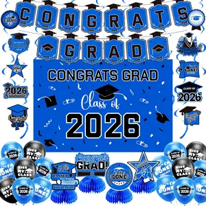 Graduation Decorations 2026 Blue Set - Grad Decor with Congrats Grad Banner,Class of 2026 Backdrop,Balloons,Honeycomb & Streamers Kit - Graduation Party Supplies for High School & College Celebrations