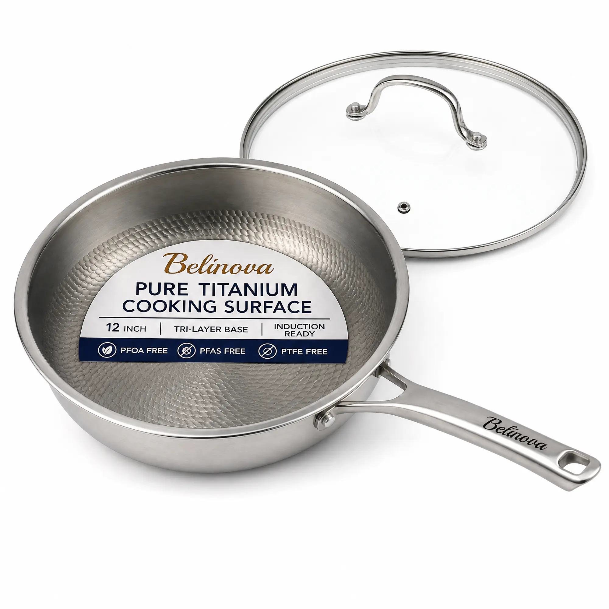 Belinova Titanium Frying Pan 12 Inch, Pure Titanium Skillet, Uncoated, Oven Safe | Hammered Pure Titanium, PFOA PFAS PTFE Free, Induction Ready, All Cooktops, Fajita Pan