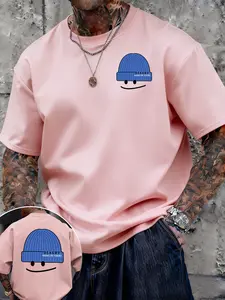 'dekkry' Blue Hat Smiley Face Print T-Shirt, Unisex Oversize Loose Fit, Casual Long Sleeve Top, Perfect for Daily Wear