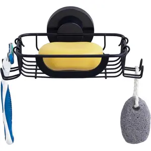 Soap Dish Soap Bar Holder for Shower Suction Cup with 4 Hooks Wall Mounted Stainless Steel No-Drilling Removable Waterproof Sponge Holder for Bathroom Bathtub Kitchen Sink Black