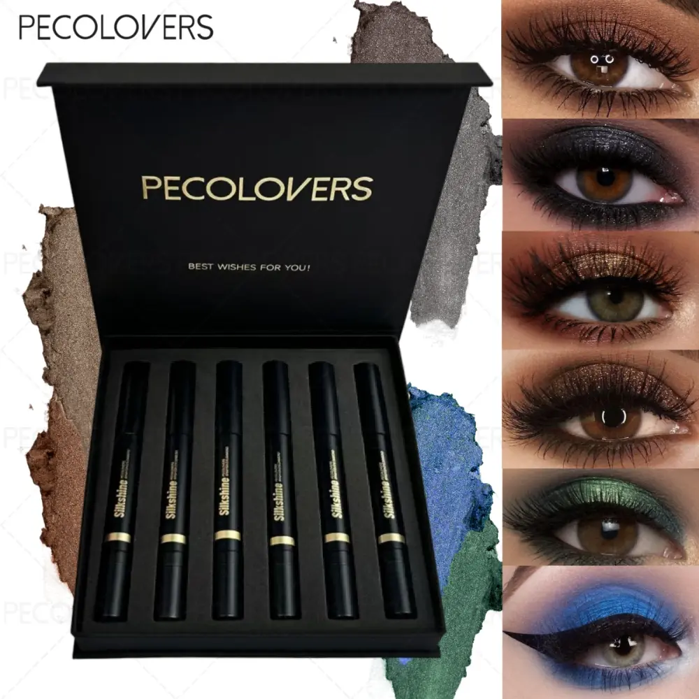 1 Dual-ended Highlighter Eyeshadow Pen Set (6 Pcs), Colored High Pigmented Creamy Texture, With Soft Brush, Champagne Brown Forest Green Midnight Blue, Daily Party Music Festival Makeup, Eye Makeup Products