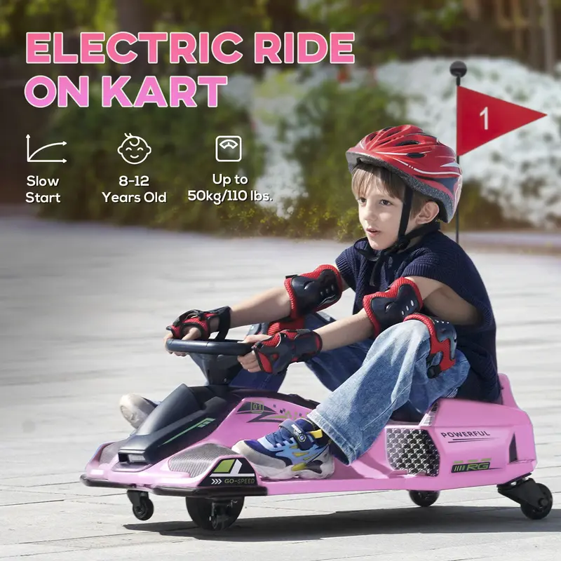 Aosom 370-307v80bk 12V Electric Go Kart Ride on Wheels, 5 MPH Drifting Car, Polypropylene Battery-Powered Outdoor Toy for Boys 8-12 Yrs, Slow Start, Music + Light Fun
