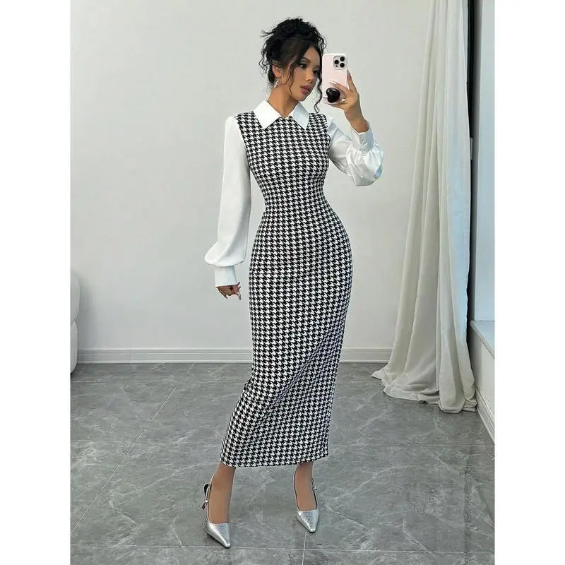 chinese dress ladies LONG DRESS IN HOUNDSTOOTH PRINT main image 1