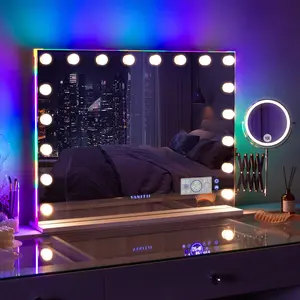 VANITII 32''X 23'' Vanity Mirror With Lights RGB Bluetooth Wall Mount 10x/3X Extendable Magnifier Tempered Glass White