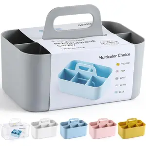 Multiuse Caddy Organizer with Handle, Portable Divided Plastic Tote Bin - Art Craft, Stationary Pen Marker Crayons, Makeup Hair Supplies Storage - Bathroom, Classroom, Dorm, Office, Desk Holder - Grey
