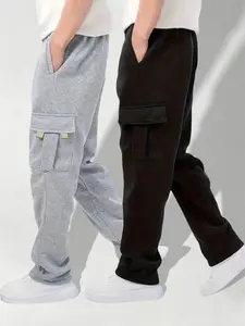 2pcs Boys Teenagers Training Side Pockets Casual Loose Sweatpants Outdoor Fashion Sports Fleece Knitted Warm Thick Straight Autumn Winter Pants Size 8-16 Y KB2638  baggy  jogger