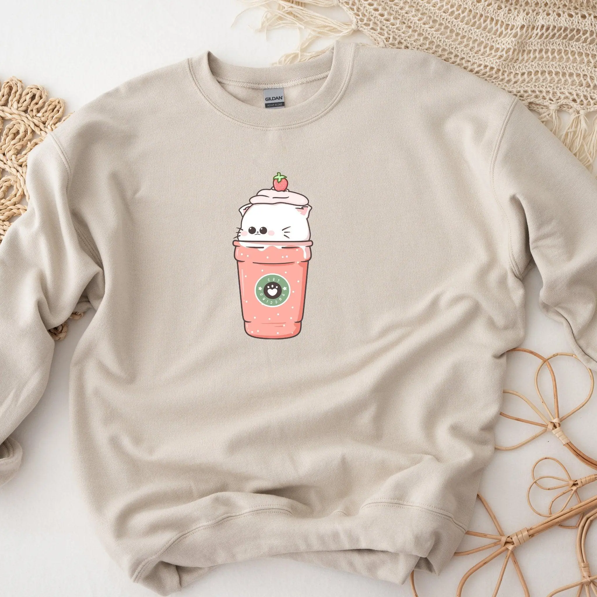 Cat Strawberry Milk Sweatshirt, Ichigo Cat Capuccino, Starbucks Lover, Valentine's Day Gift for Her, Kid and Adult Sizes, Cat Lover