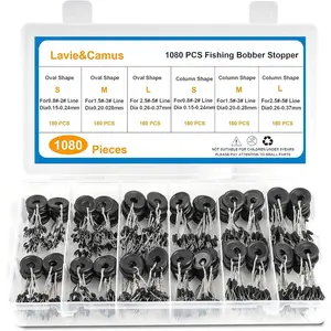 1080PCS Fishing Bobber Stoppers, Oval and Column Floats Sinker Stops, Black Rubber 6 in 1 Bobber Stops, L M S Size Float Stop