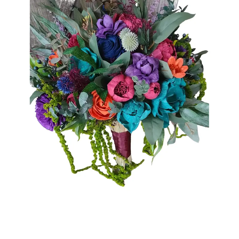 Moody Jewel Toned Wood Flower Bouquet, Teal and Purple Sola Bride Bouquet, Hanging Greenery Bouquet