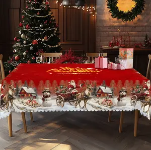 XEXSIN Retro Christmas Decor Themed Print Tablecloth - Rectangle Table Cover with Santa Claus, Christmas Outdoor Decor, manteles de tela para fiesta, Xmas Decor, Holiday Party Decor, Round Table Cloth, Christmas Party Festive Home Kitchen Accessory Gifts