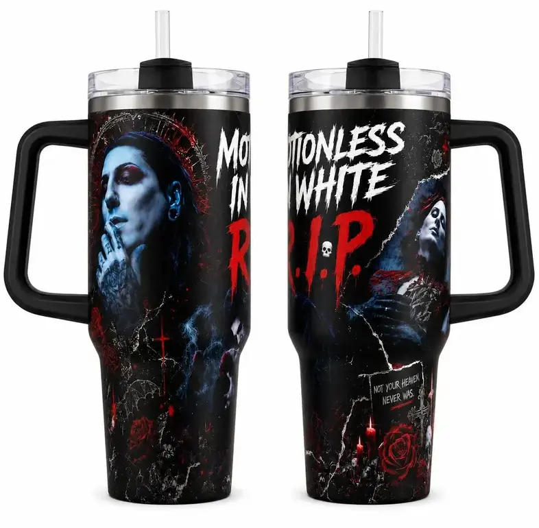M0ti0nless ln Whlte R.I.P. Printed Tumbler - 30oz40oz With Handle, Dark Gothic Rock Band Fan Cup With Red Black Rose Artwork, Metal Music Travel Drinkware Gift