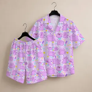 Ditt0 Hawaiian Shirt, PKM Anime Button Up, Cute Purple Tropical Summer Beach Shirt, Gift for Men Women