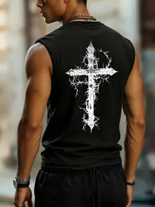 Men's Gothic Thorn Cross Tank Top | Back Print Christian Faith Sleeveless Shirt | Edgy Punk Workout Gym Muscle Tee | Streetwear Casual Summer Outfit