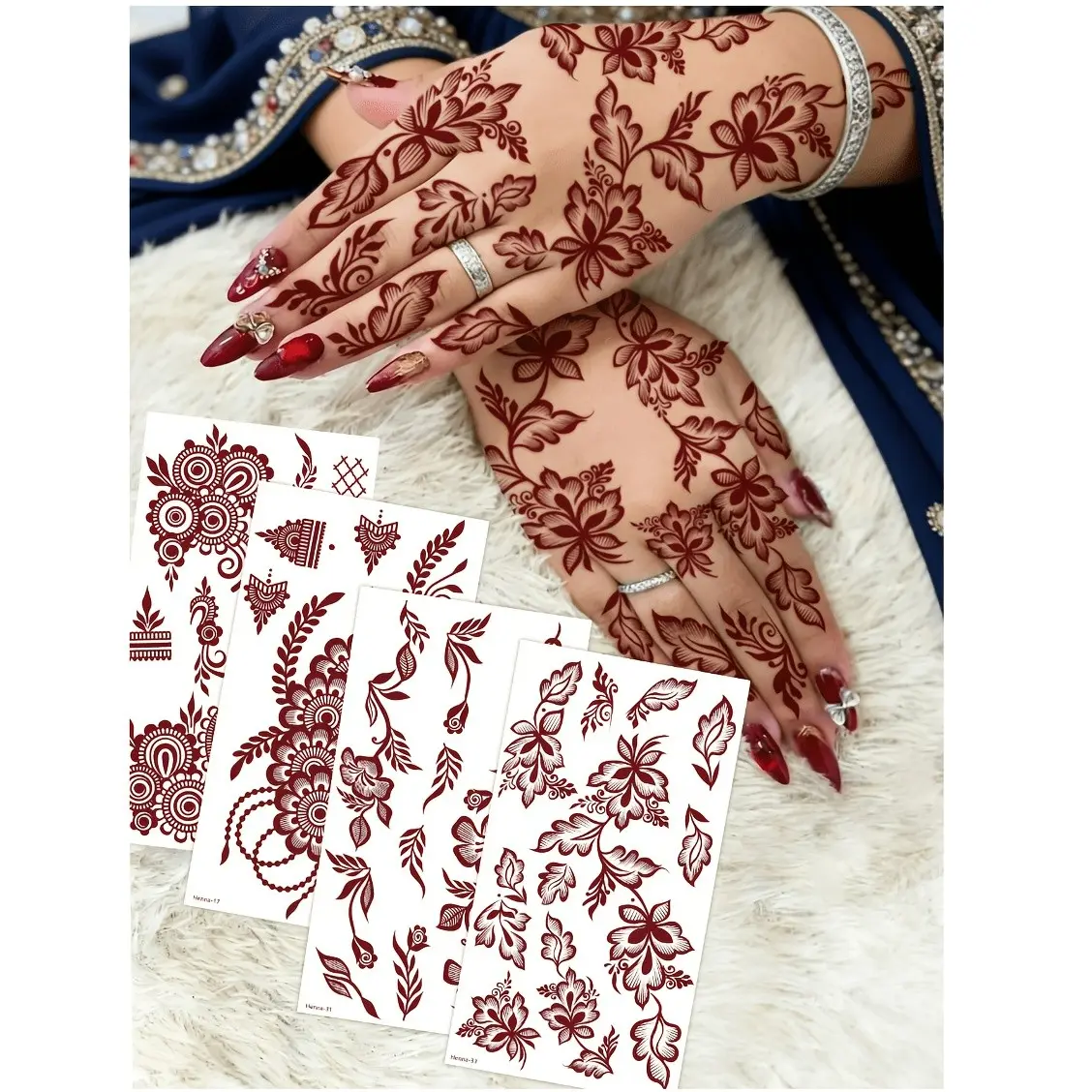4 pcs Burgundy Sexy Floral Tribal Toe & Hand Temporary Tattoo Stickers, Temporary Fake Tattoos, Waterproof Flower Tattoos for Women, Temporary Tattoo Kit for Weddings and Parties