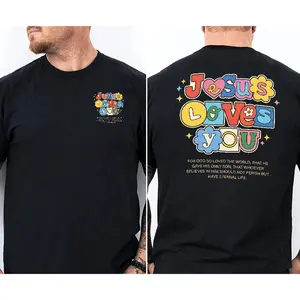 Jesus Loves You' Whimsical John 3:16 Double-sided Print T-shirt Christian Healing Style Casual Top