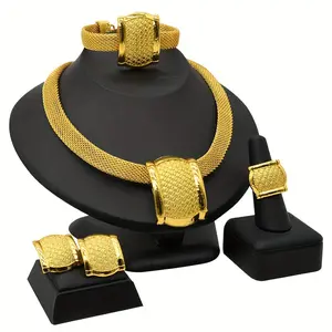 4pcs Gold Plated Jewelry Set, Extravagant Necklace Bracelet Earrings Ring for Eid Party Gift