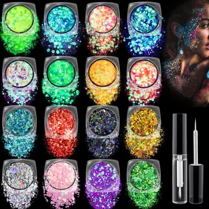 Chunky Glitter and Glow in The Dark Glitter with Glue,Holographic Body Glitterr,Glow Glitter for Women Face Body Nails Hair Sparkle Makeup Lemon Peach
