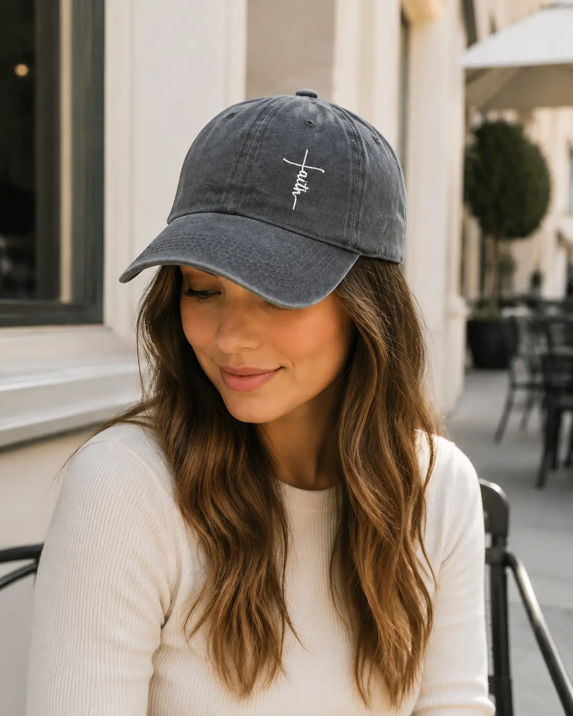 Faith Cross Embroidered Baseball Cap, Vintage Washed Black Adjustable Christian Hat for Women and Men