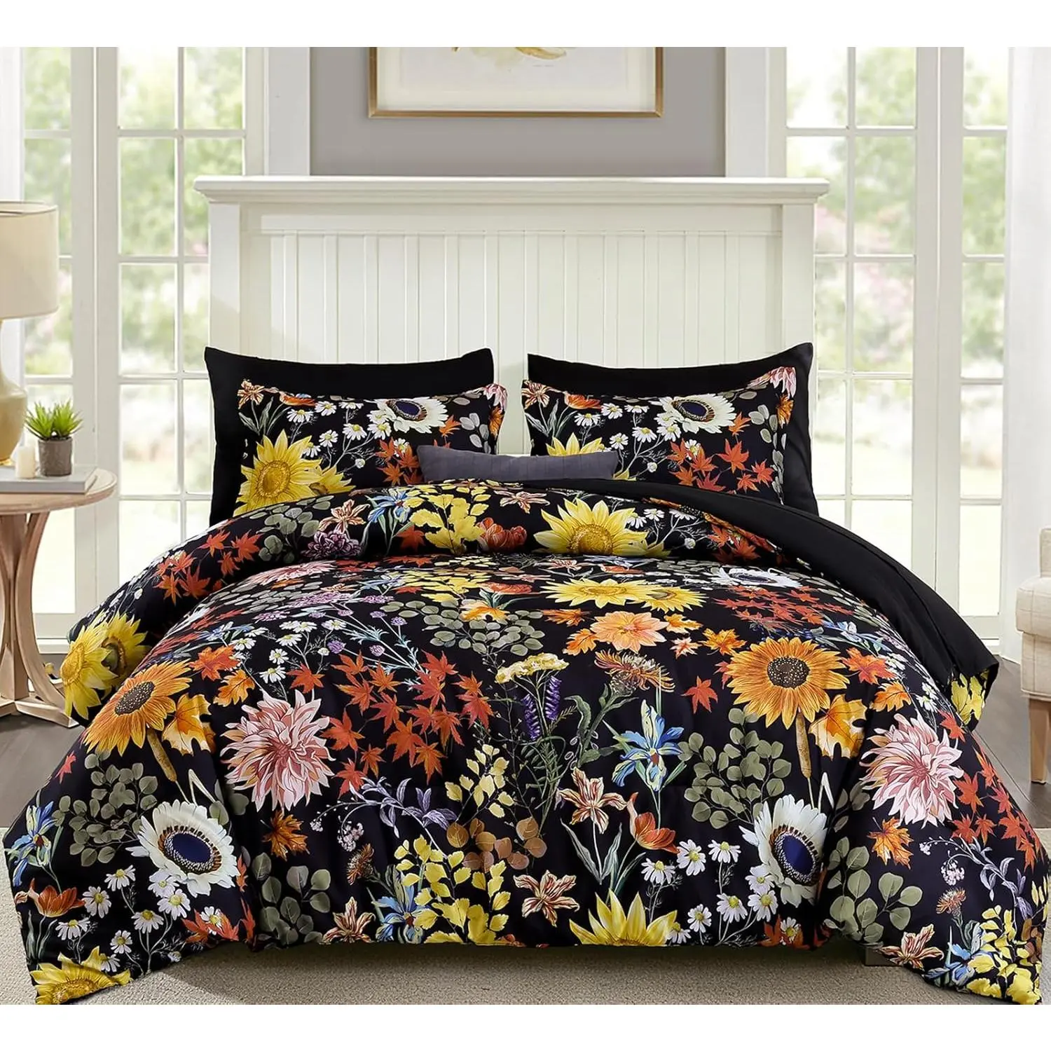 Bed in a Bag Queen Black Yellow Comforter Set 7 Pieces Soft Microfiber Floral Bedding Set with 1 Comforter 1 Flat Sheet 1 Fitted Sheet 2 Pillowshams 2 Pillowcases