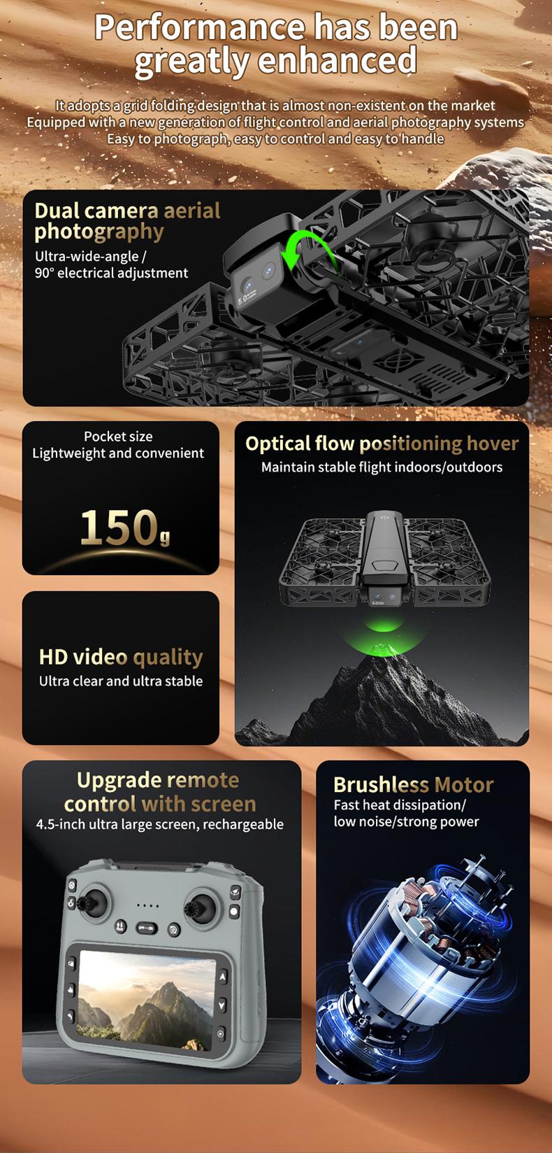 Folding Selfie Drone with HD Camera Gesture Control & Auto Follow Me Quadcopter for Adults Gesture Control, Waypoint Flight, Stunt Mode, 360° Protection, One-Key Operation foldable optical flow positioning obstacle avoidance