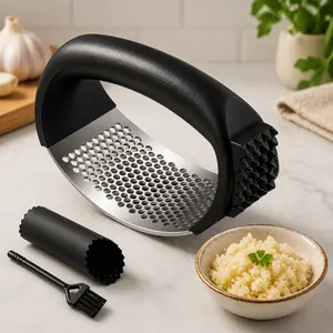 Stainless Steel Garlic Press Rocker Easy Crush Mincer Set with Peeler Brush Ergonomic Design for Effortless Garlic Preparation
