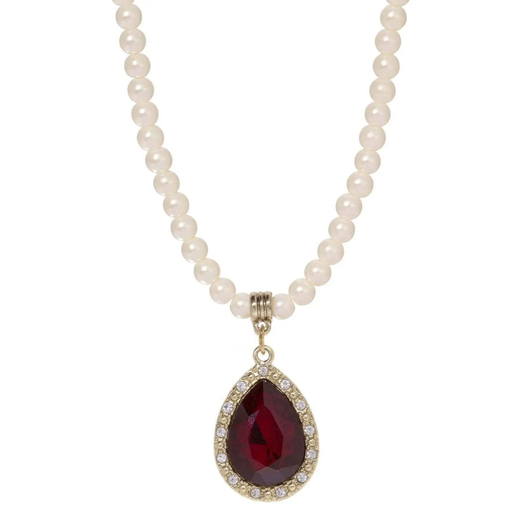 Faux Pearl Strand Red Glass Teardrop Crystal Pendant Necklace 15" + 3" Extender