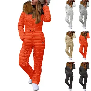 FMEYOA Womens One Piece Ski Suits Winter Outdoor Sports Jumpsuit Fur Collar Coat Windproof Waterproof Hooded Snowsuit
