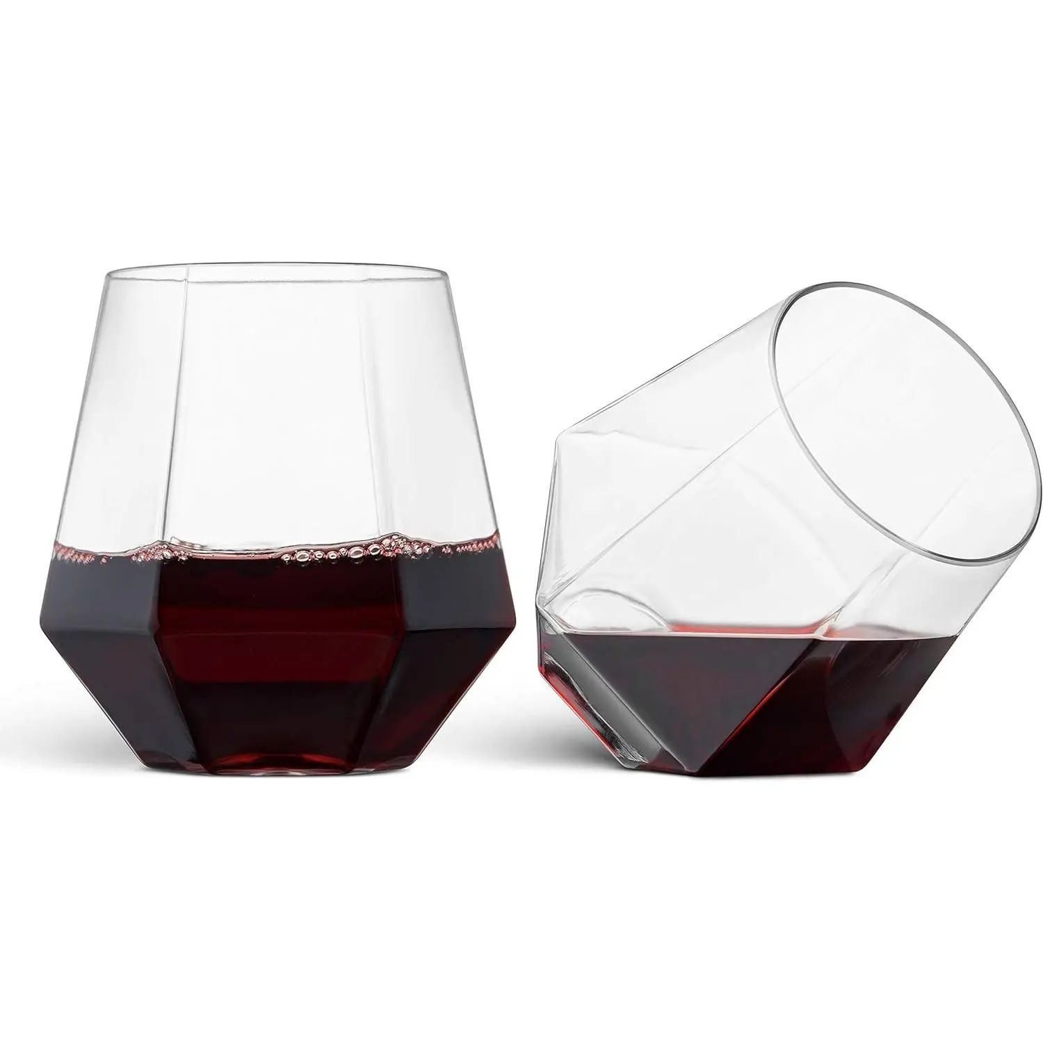 Munfix Plastic Stemless Wine Glasses 32 Pack - Diamond Shaped Unbreakable Disposable 12 Oz Clear Plastic Wine Champagne Whiskey Cups, Shatterproof Recyclable and BPA-Free Gift