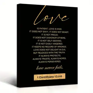 1 Piece Inspirational Canvas Wall Art - Love is Patience, Love is Kind Gold Plated Text - Edged Canvas Pine Frame - Inspirational Bible Text Artwork for Home Decoration Canvas Prints, 12inch x 18inch - Edged Canvas