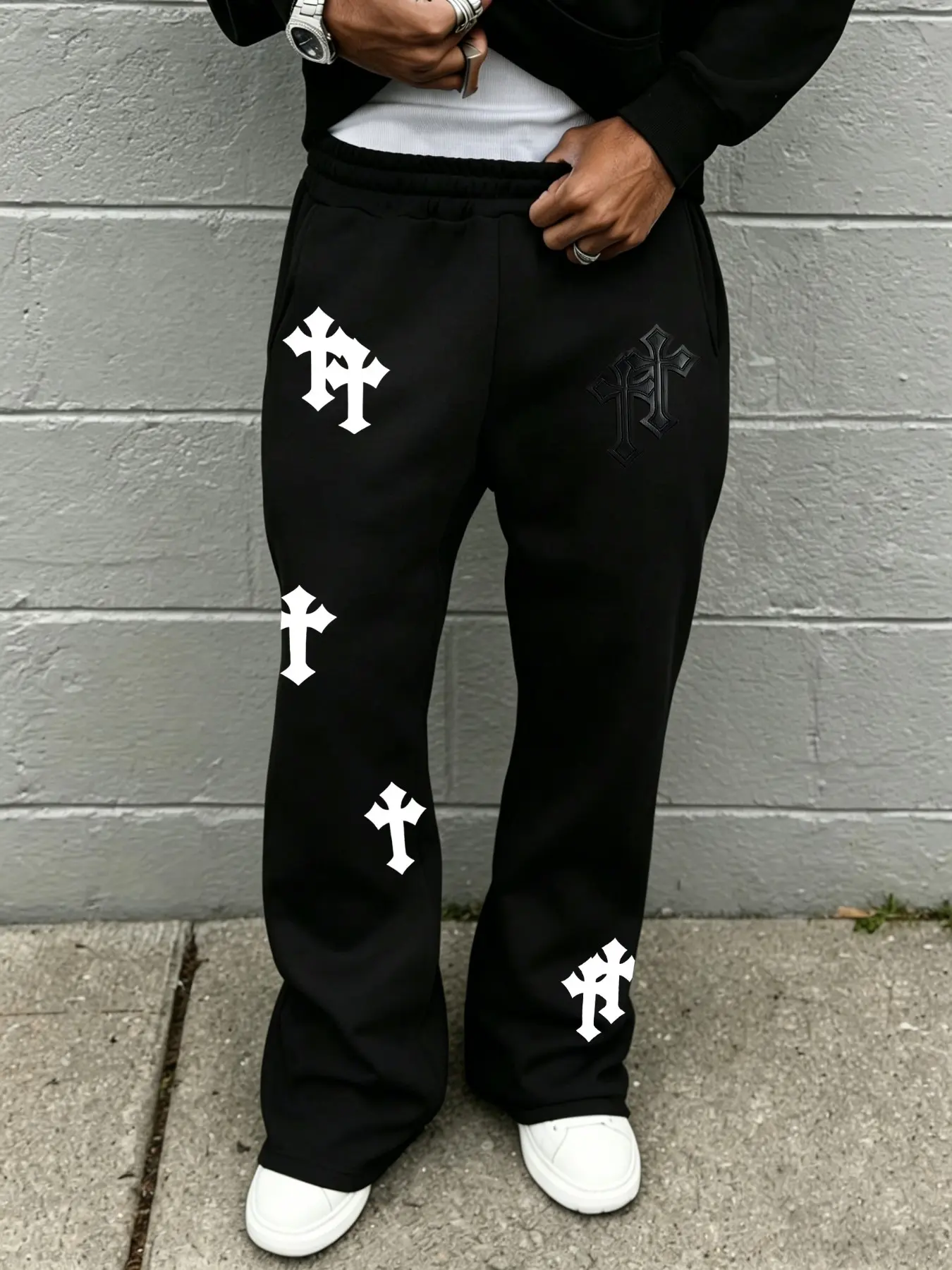 Cross Print Flared Trousers, Unisex Retro Sweatpants, Comfortable Breathable Loose Fit, Five Sizes Available, Casual Home & Wear