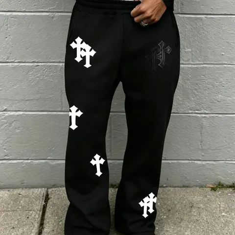 Cross Print Flared Trousers, Unisex Retro Sweatpants, Comfortable Breathable Baggy Loose Fit, Five Sizes Available, Casual Home & Wear, Streetwear Pants