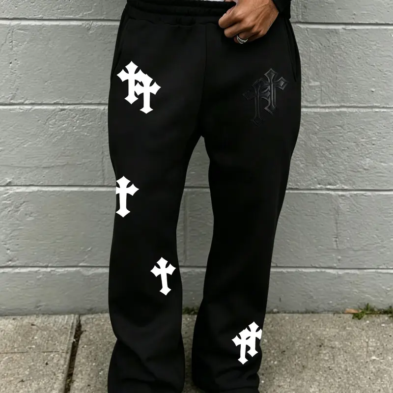 Cross Print Flared Trousers, Unisex Retro Sweatpants, Comfortable Breathable Baggy Loose Fit, Five Sizes Available, Casual Home & Wear, Streetwear Pants
