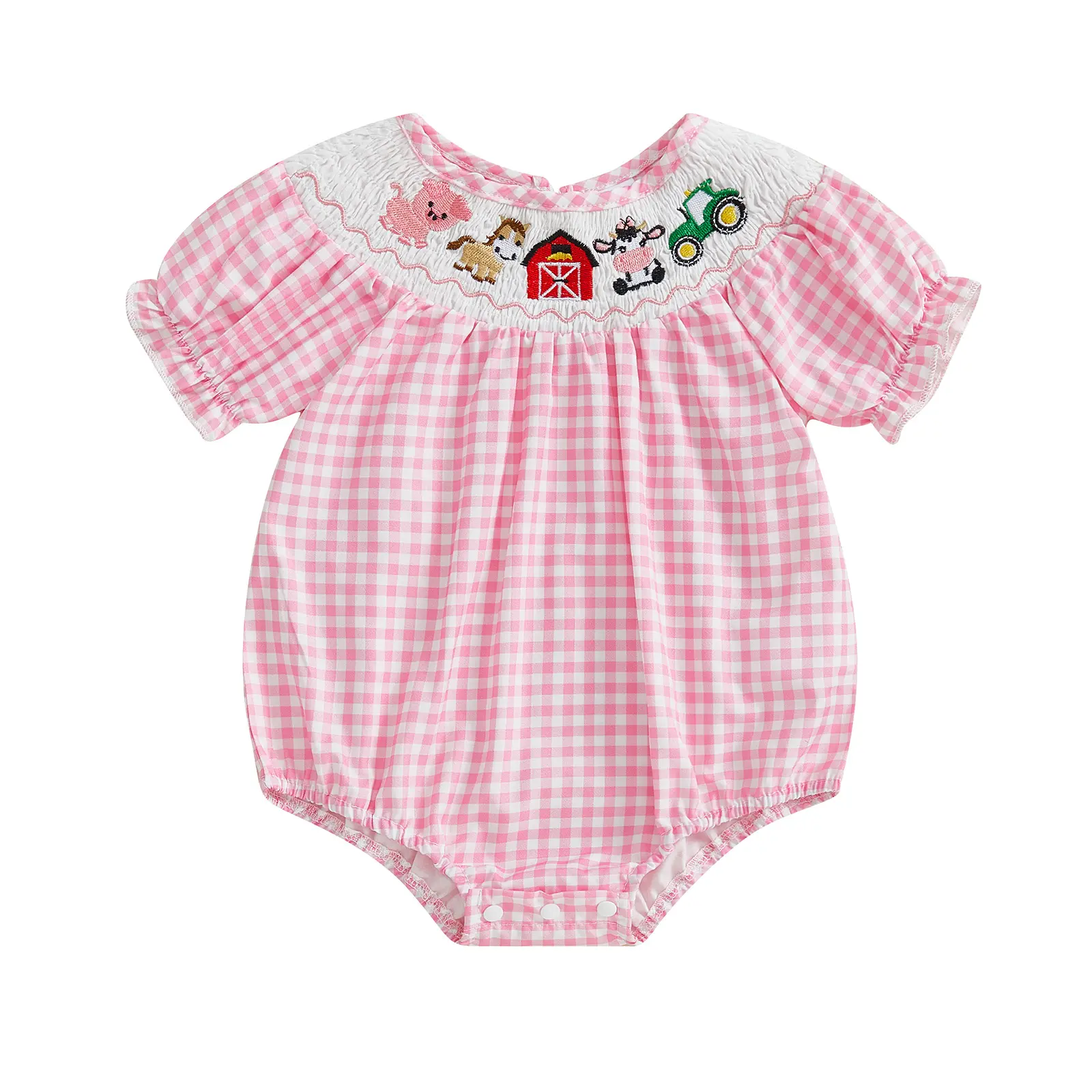 Newborn Baby Girl Summer Clothes Farm Animals Smocked Short Sleeve Gingham Romper Bubble Bodysuit Jumpsuit