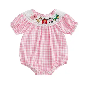 Newborn Baby Girl Summer Clothes Farm Animals Smocked Short Sleeve Gingham Romper Bubble Bodysuit Jumpsuit
